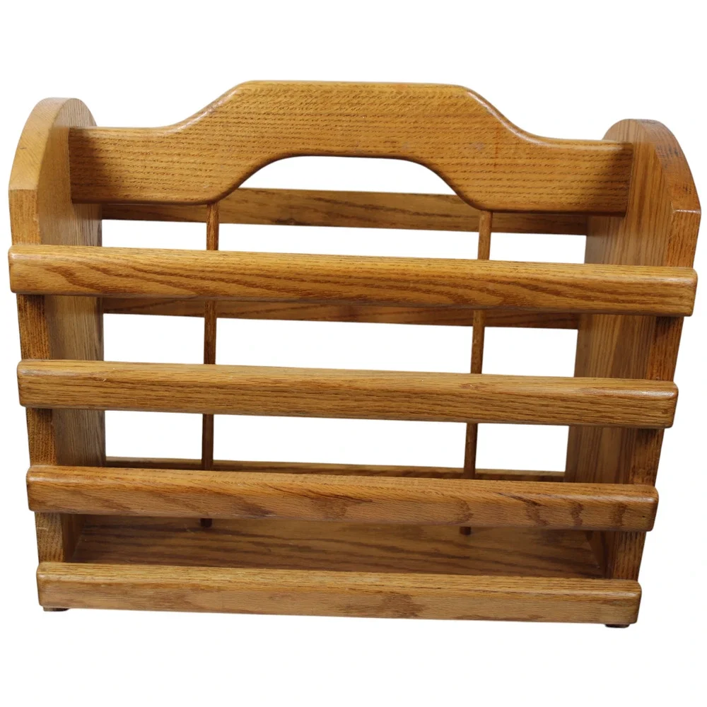 VTG Solid Blonde Oak Magazine Newspaper Floor Rack Basket Heavy Excellent Shape